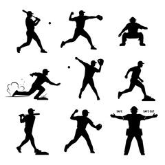 Silhouettes of Baseball Players in Action With Bats and Mitts in a Dynamic Grid

