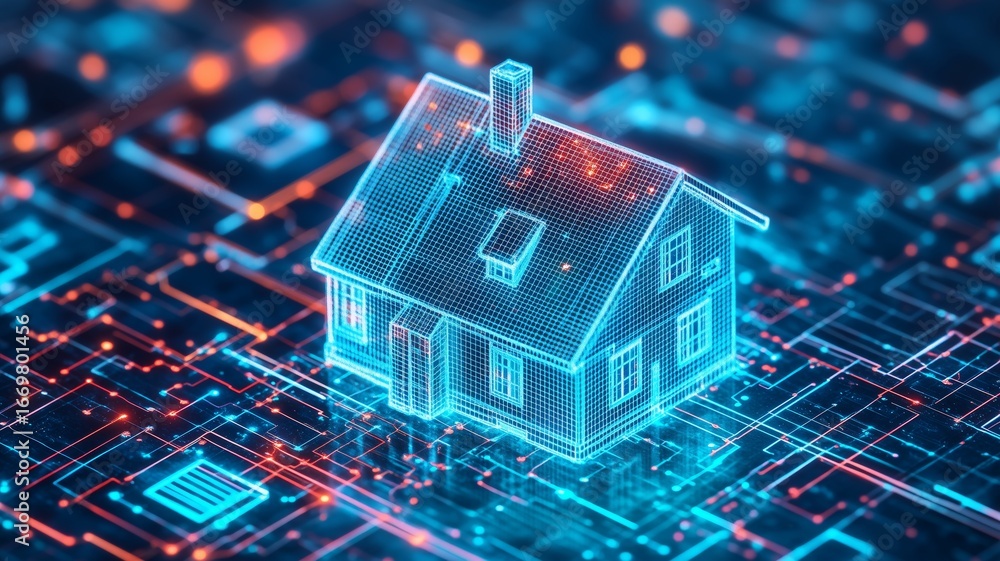 Poster digital representation of a house on a tech-inspired background showcasing artificial intelligence i