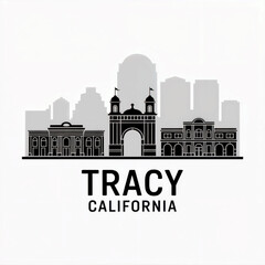 Naklejka premium Tracy, California Skyline Silhouette — Central Valley City with Historic Archway Vector Illustration