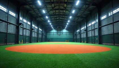 Indoor baseball training facility featuring advanced pitch tracking technology. Modern sports complex offers realistic virtual reality training environment. Pro sports players utilize innovative