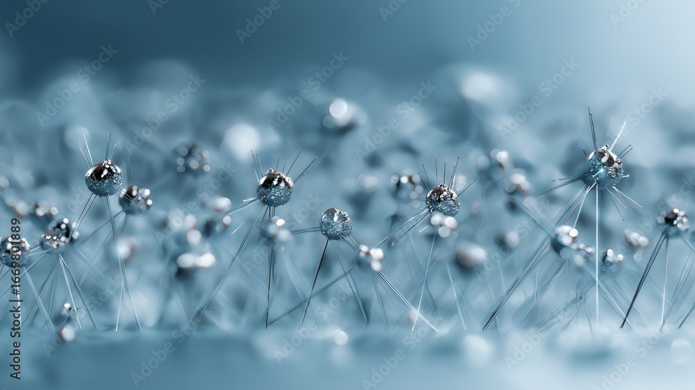 Poster close-up of metallic structures with fine details and a cool palette for a surreal effect.