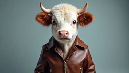 Confident cow wearing brown leather jacket, posing against plain background. Unique blend of farm animal, fashion. Whimsical, funny, playful portrait sparks joy. Modern, cool, quirky bovine character.