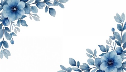 Watercolor illustration featuring blue floral and leaf corner designs. Elegant botanical frame suitable for invitations, announcements, or romantic stationery. Vintage artistic style with modern feel.