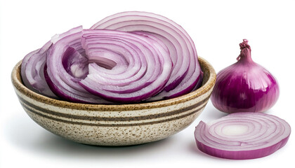 Onion slices in a ceramic bowl isolated