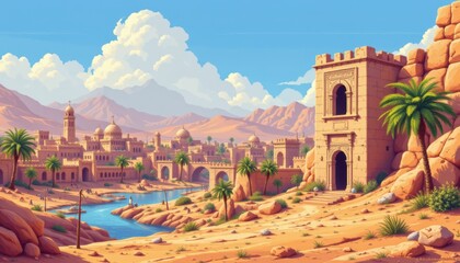 Obraz premium create a pixel art image of an ancient arabic city in the desert with buildings and palm trees, use retro style colors to represent the background for an 8 bit game