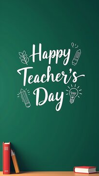 Minimal flat design poster with green chalkboard background, elegant chalk typography &ldquo;Happy Teacher&rsquo;s Day,&rdquo; simple doodle icons of book, pencil, and light bulb, clean white border.