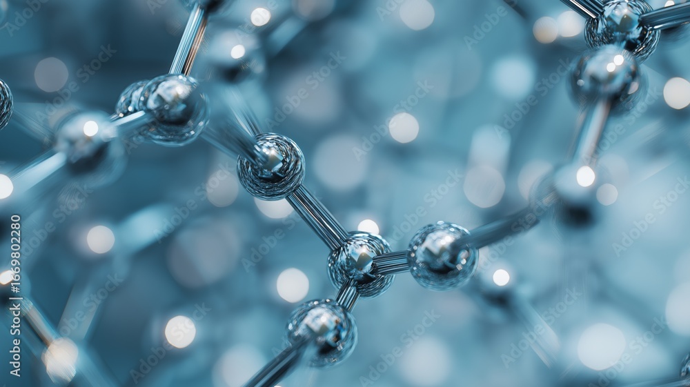 Poster detailed structure of metallic atoms showcases intricate connections and reflections in the design.