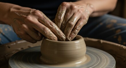 Hands of a potter shaping clay on a spinning pottery wheel to create a beautiful ceramic pot
