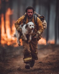 Firefighter rescuing a dog from the flames