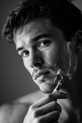 boy shaving in black and white