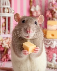 adorable mouse with a cheese in his hands