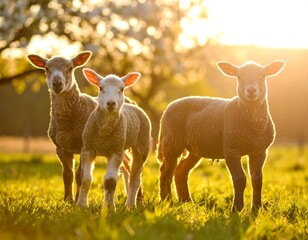 Obraz premium Three lambs in a field bathed in golden sunlight, springtime blossoms in the background