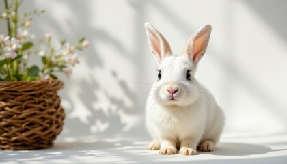 Obraz premium create a cute little smiling rabbit in a pure white setting under dappled light on the left side of image