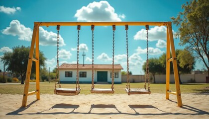 Empty yellow swing set in a park on a sunny afternoon. Blue sky with white clouds above. Grassy area with sand beneath swings. A building and trees in the background.