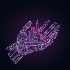 Naklejka premium a skeletal hand, with the bones glowing with a soft, protective light, cradling a small, futuristic city. The hand represents the collective framework and foundation of a society.