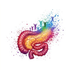 a pancreas, bursting with vibrant energy and color, showering a community with drops of light and vitality. The pancreas represents collective energy and balance. 