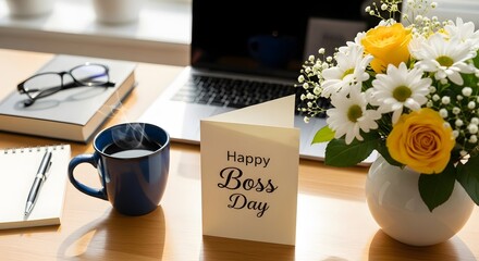 Thoughtful Boss Day gift on modern desk with laptop, coffee, and flowers for a happy celebration