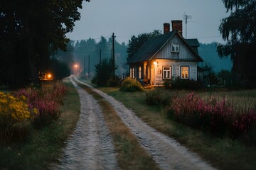 Tranquil Countryside Scene with Rustic Cottage and Lush Gardens at Dusk
