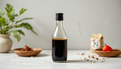 korean style soy sauce use a clear glass bottle of soy sauce as the main subject in the position