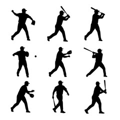Set Silhouettes of Baseball Players in Action With Bats and Mitts in a Dynamic Grid


