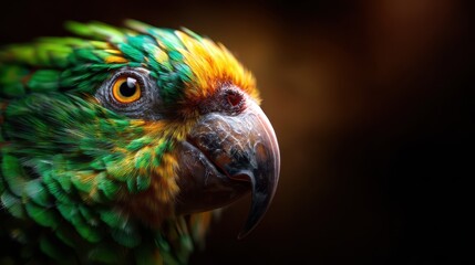 Obraz premium A close-up view of a vibrant green parrot showcasing its vivid feathers, bright colors, and striking eyes, exemplifying the beauty and splendor of tropical birds in their natural habitat.