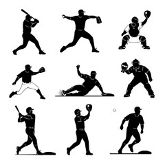 Baseball players at different positions, group of baseball players, isolated vector silhouettes, team sports high contrast illustrations