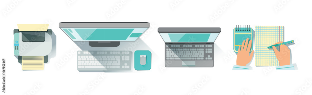 Poster different workplace object and workflow items vector set