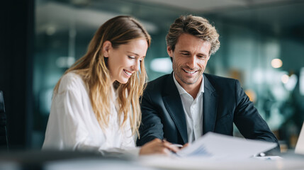 Smiling colleagues business meeting office teamwork collaboration professional corporate discussion strategy planning document review analytics success leadership partnership productivity