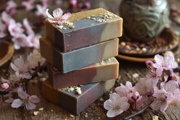 Handmade Natural Soap Bars Stacked with Cherry Blossom Flowers on Rustic Wooden Surface in Warm Natural Light