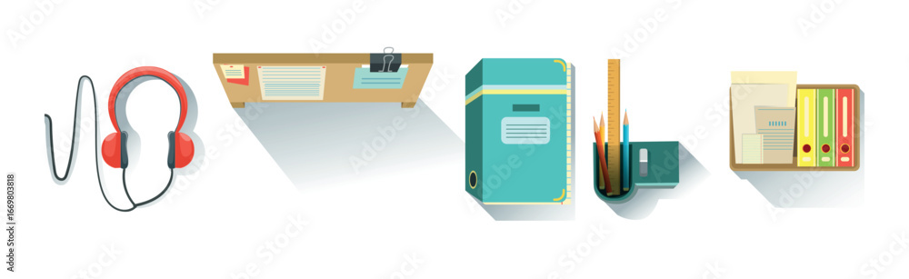 Poster different workplace object and workflow items vector set