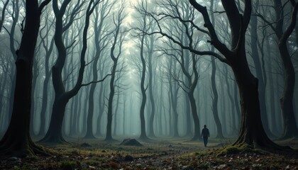 create a surreal forest scene featuring a lone figure walking amidst tall, ghostly trees with intertwining branches that create an otherworldly atmosphere