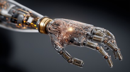 A robotic hand showcases intricate circuitry and modern engineering, emphasizing innovation.