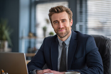 Professional businessman office portrait smiling confident suit tie beard blue eyes workspace with laptop and coffee mug in modern office, natural light and calm mood enhance corporate style