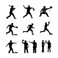 Baseball player detailed silhouettes sports set in lots of different poses

