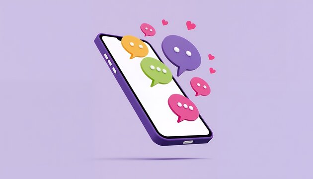 Purple smartphone with colorful chat bubbles and hearts mobile phone communication