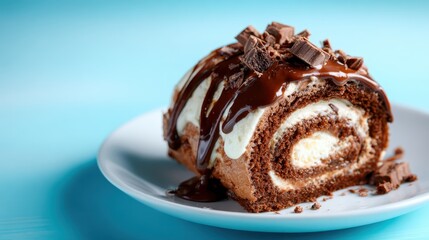 A chocolate Swiss roll adorned with creamy filling and drizzled chocolate sauce brings indulgence and sweet delight, making it perfect for any dessert table.