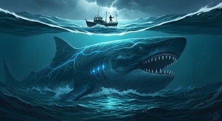 Experience thrilling deep sea fishing adventure with the ominous shark lurking beneath stormy ocean waves