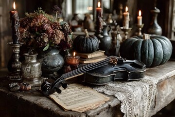 Autumn Still Life with Violin, Pumpkins, and Candles for Rustic Decor