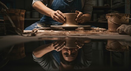 Hands shaping clay on a pottery wheel, creating a ceramic masterpiece with focused concentration