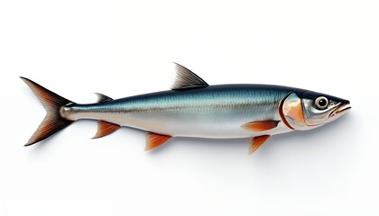 Silver blue fish with orange fins and tail on white background aquatic seafood