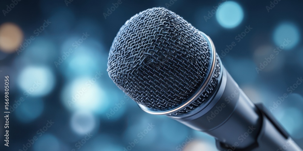 Poster the microphone close up with bokeh lights on a professional performance stage