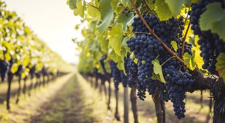 Fototapeta premium A sun-drenched vineyard displays rows of grapevines laden with dark purple grapes, creating a peaceful and productive agricultural scene.