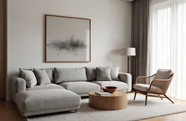 Minimalist living room features plush gray sectional sofa with accent pillows, round wood coffee table, stylish wicker armchair. Soft daylight streams through sheer curtains, illuminating large