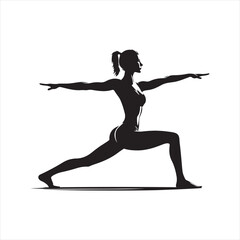 Black vector silhouette of a female practicing Warrior Yoga Pose, strong balanced posture, clear outline design, fitness exercise illustration, meditation artwork, wellness lifestyle graphic