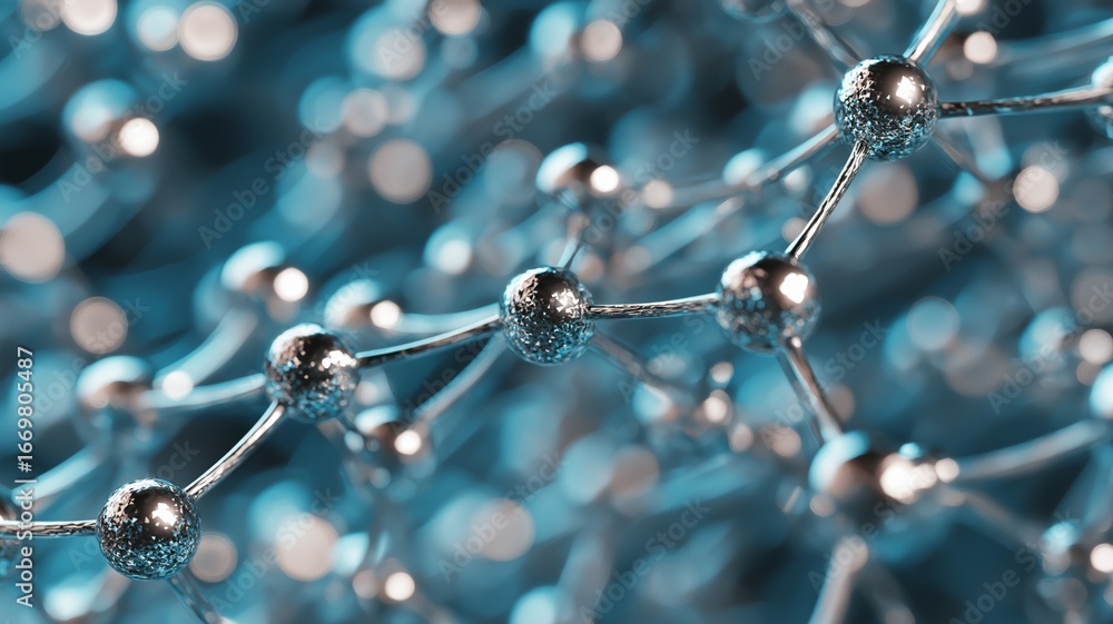 Poster this display features metallic molecules interconnected, illustrating complex scientific structures.