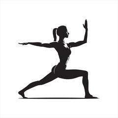 Black vector silhouette of a female practicing Warrior Yoga Pose, strong balanced posture, clear outline design, fitness exercise illustration, meditation artwork, wellness lifestyle graphic