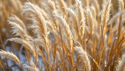 Fototapeta premium selloan cortaderia or pampas grass in a bohemian style setting, background: abstracted natural background of dry reeds, style: dry reeds, wintertime fluffy long grass stems