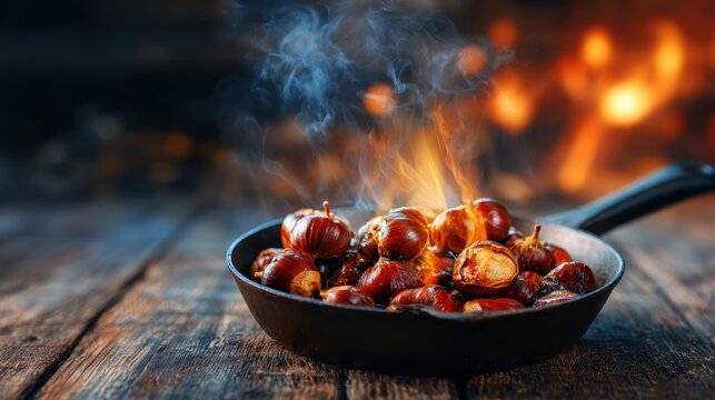 An enticing image of roasted chestnuts in a skillet, flames rising from the pan, encapsulating the warmth and richness of the cozy joy of autumn cooking.