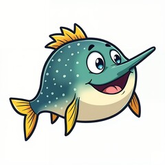 Smiling fish with pointed nose and yellow fins cartoon aquatic