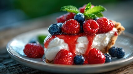 A tempting slice of cheesecake topped with luscious berries and a drizzle of sweet sauce showcases indulgence and creativity, perfect for dessert lovers and culinary enthusiasts.